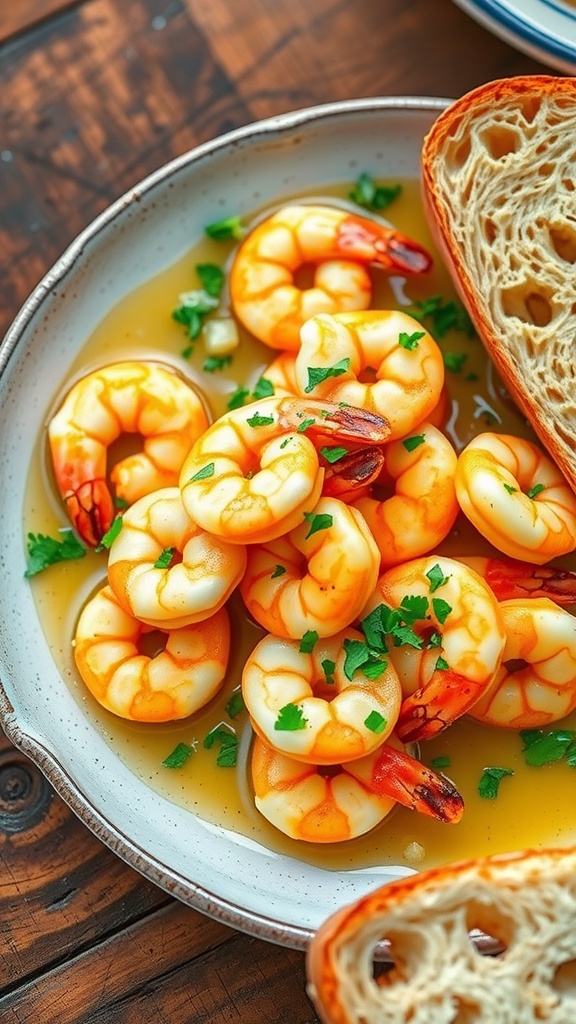 A delicious plate of garlic butter shrimp garnished with parsley next to crusty bread.